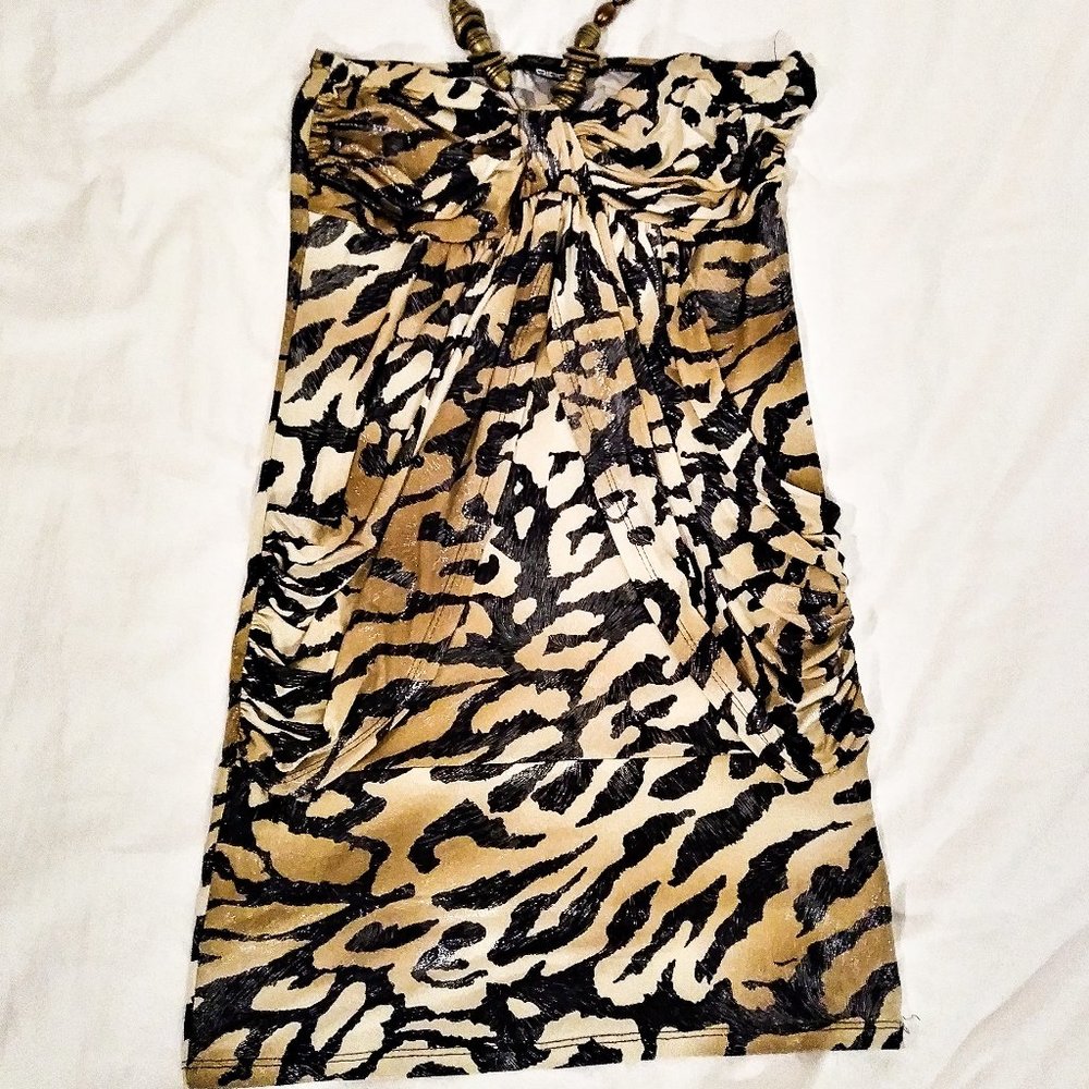 Tiger Cheetah Animal Print Tie In Neck Mini Dress